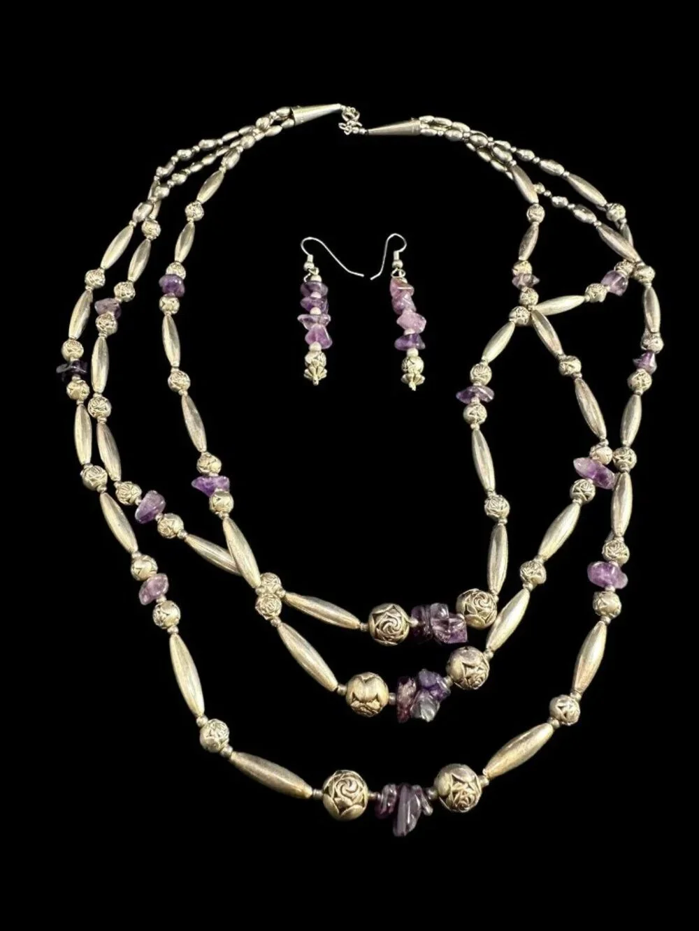 Jewelry Set Sterling Silver Amethyst Three Strand Necklace Dangle Earrings